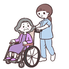 スタッフと車イスのシニア女性のイラスト