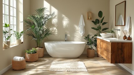 Elegant and Modern Bathroom with Natural Elements and Plants