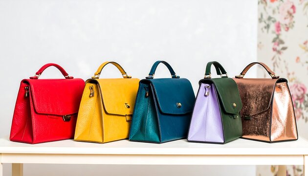 Colorful handbags displayed on a table - Powered by Adobe