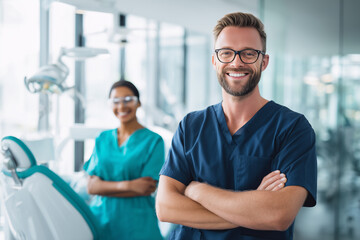 Fototapeta premium Confident male dentist smiling with crossed arms in modern dental clinic with female dental assistant in background
