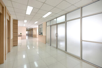 Corridor between different room in hospital. Medical operating room and patient sample storage room.