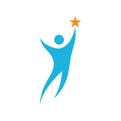 Blue person reaching for golden star success achievement aspiration goal winning inspiration vector