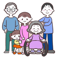 	車イスのシニア女性をかこむ家族のイラスト