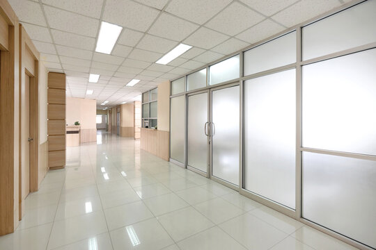 Corridor between different room in hospital. Medical operating room and patient sample storage room.
