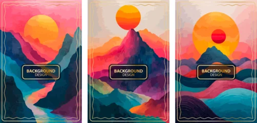 Selbstklebende Fototapeten Grün Blau Set of abstract watercolor mountain sunset landscape backgrounds in bold gradient colors with stylized sun and layered hills, wall art and modern graphic design. Vector illustration  © Daria