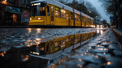 Obraz premium A yellow tram moves along a cobblestone street, reflecting in a puddle after rain, creating a moody urban scene at dusk.