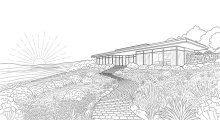 Fototapeta premium Modern Home with Lush Garden and Sunrise in Line Art