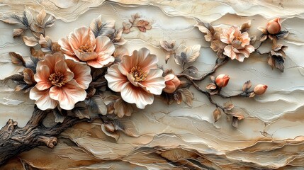 Elegant Floral Relief Artwork Featuring Peach Flowers and Branches