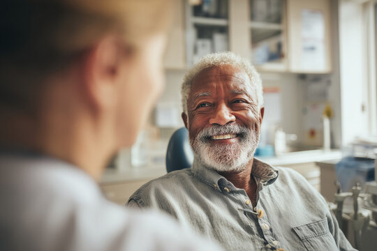 Smiling senior man receiving dental checkup and consultation in bright modern dental clinic