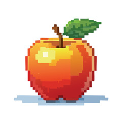 Pixelated illustration of a ripe red apple with a green leaf, digital art.