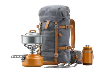 Essential outdoor camping gear for hiking adventures and wilderness exploration enthusiasts now on transparent background