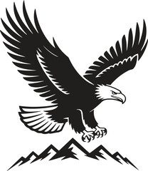 Black silhouette design of a eagle flying over mountains icon isolated on white background. vector illustration