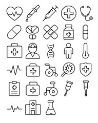 A comprehensive collection of minimalistic medical symbols, representing health, healthcare, and medical science in clean, crisp lines, perfect for conveying information clearly.