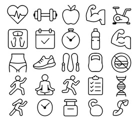 A collection of simple line icons representing different aspects of health and fitness, including workout equipment, nutrition, and wellness. 