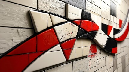 Abstract Wall Art with Geometric Shapes in Red, Black, and White