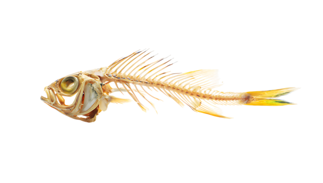 Fish skeleton with yellow tail fin and detailed bone structure isolated on a transparent background bones