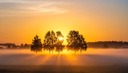 Fototapeta premium Sunrise silhouettes of trees through a foggy field