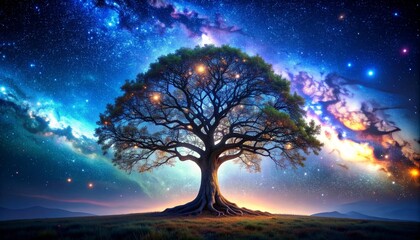 Mystical tree illuminated by stars against blue galaxy night.