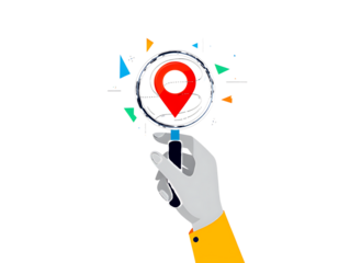 Hand holding magnifying glass over red location pin with abstract shapes isolated on a transparent background