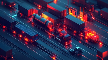 Industrial Transport Scene with Cargo Trucks and Freight Containers