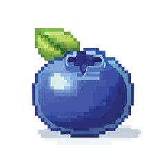Pixelated image of a single blueberry with a green leaf, isolated on white background.