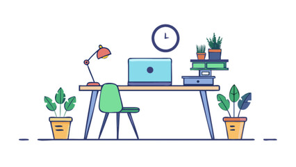 Home office desk setup illustration with laptop, plants, lamp, and clock for work from home concept