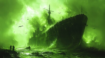 Abandoned Ship Emerges from Stormy Waters in Green Misty Landscape