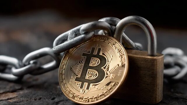 A gold coin with the letter B on it is chained to a lock. The lock is on a chain. Closeup of bitcoin coin chained tightly with lock, crypto ban, dark caution sci-tech concept