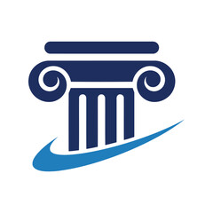 Blue ionic column with swoosh vector illustration greek architecture symbol law justice concept