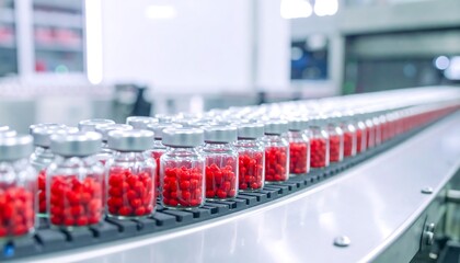 Clear glass vials filled with vibrant red pills move along a modern, automated production line.