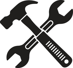 Black silhouette design of hammer and wrench crossed icon isolated on white background. vector illustration
