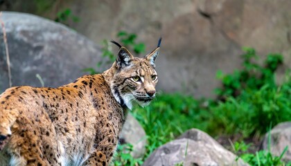 Obraz premium Close-up of a lynx, displaying its intricate spotted coat and alert expression, set against a backdrop of rocks and greenery.