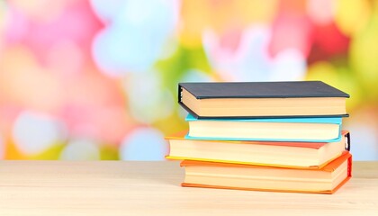 Stack of colorful books on a wooden surface against a blurred, pastel background