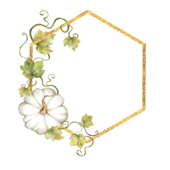 Hand-drawn illustration of a white pumpkin with leaves and vines, framed by a golden glitter hexagon. Autumn and fall designs
