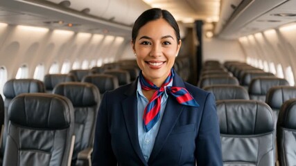 A smiling flight attendant in uniform stands in an empty airplane cabin. The eye-level angle creates a welcoming atmosphere, ideal for a promotional video.