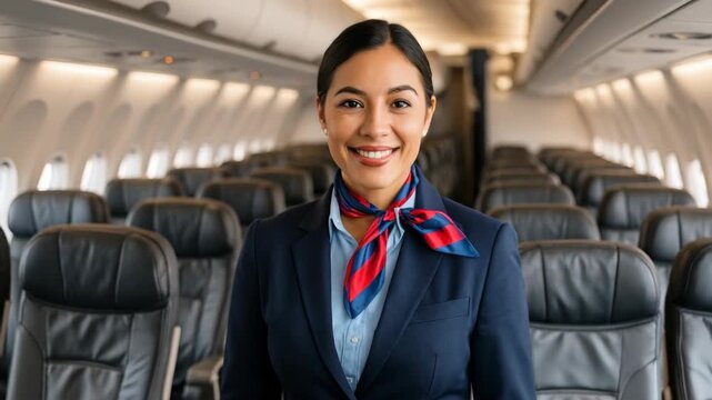 A smiling flight attendant in uniform stands in an empty airplane cabin. The eye-level angle creates a welcoming atmosphere, ideal for a promotional video.