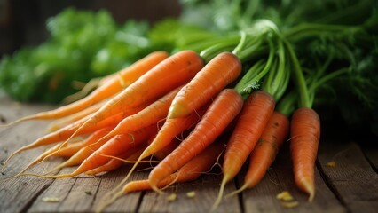 Freshly Harvested Carrots with Lush Greens Resting on a Rustic Wooden Table