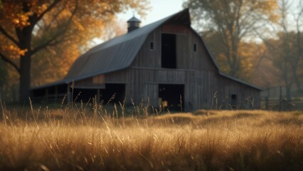 Obraz premium Golden Meadow Grass Glows Before a Rustic Barn in Autumn Haze
