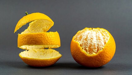 Two vibrant oranges, one with peeling segments in mid-air, the other showcasing the peeled interior, against a neutral gray background, highlighting the citrus fruit's texture and color.