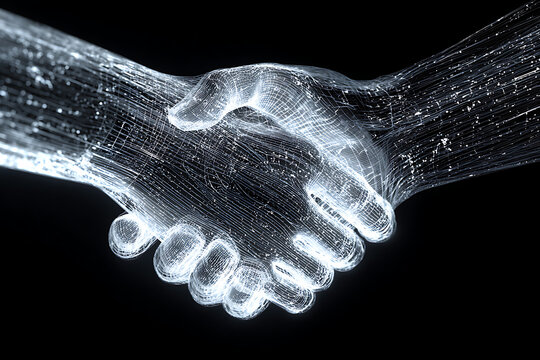 Global connection and partnership symbolized by a futuristic digital wireframe handshake, representing trust and collaboration in the modern business world. - Powered by Adobe
