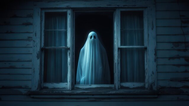 Spooky Ghostly Figure in Window, Creepy Halloween Scene, Eerie Atmosphere.