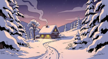 Snowy Cabin at Night Winter Scenery with Footprints
