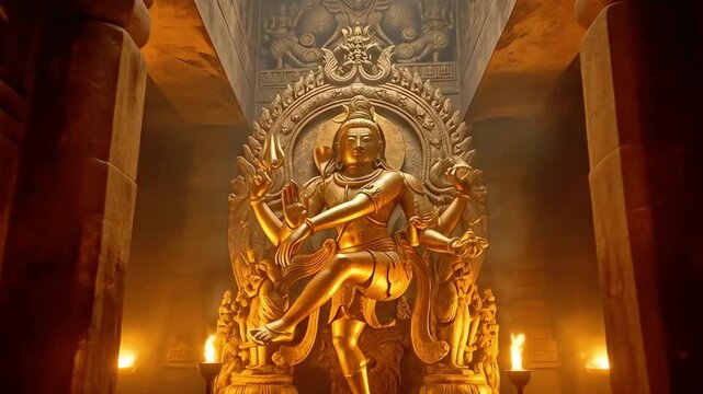 Majestic Golden Shiva Nataraja Statue Illuminates Ancient Temple Walls with Flickering Torches.