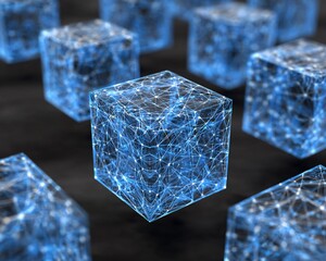 3D rendering of AI algorithms visualized as glowing interconnected cubes, minimal background, stock photo with copyspace