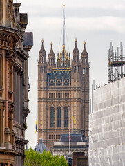 Victoria tower of Westminster palace seen from Trafalgar square, London, UK