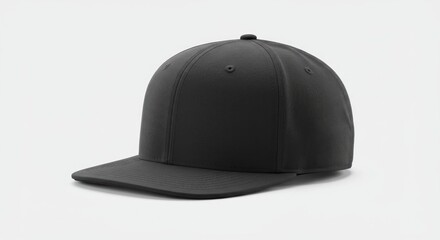 Fototapeta premium A plain black baseball cap with a flat brim viewed from a side angle