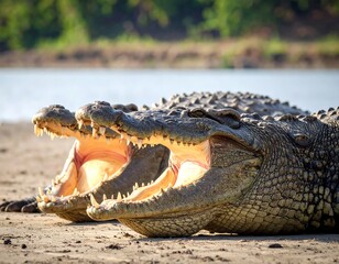 Obraz premium Two crocodiles resting on sandy riverbank