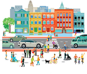 buntes Straßen Panorama mit vielen Menschen Paare und Familien auf der Straße, illustration