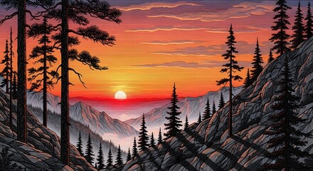 Scenic Mountain Landscape with Warm Orange Sunset and Evergreen Trees