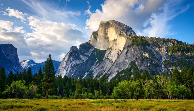 Majestic Half Dome in Yosemite National Park bathed in golden sunlight under dramatic clouds. - Powered by Adobe